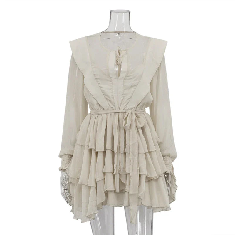 See-Through Long Sleeve Lace Up Mini Dress