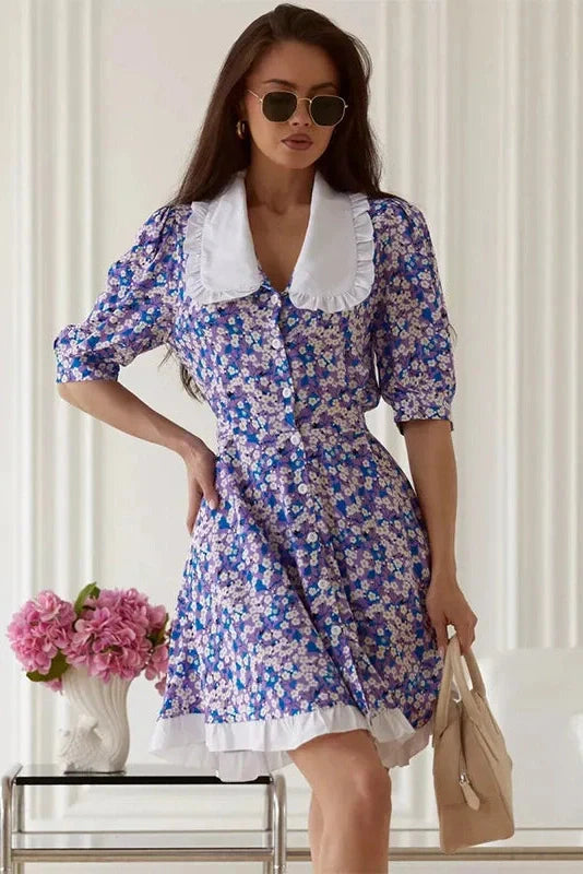 Short Sleeves Printed High-Waisted Mini Dress