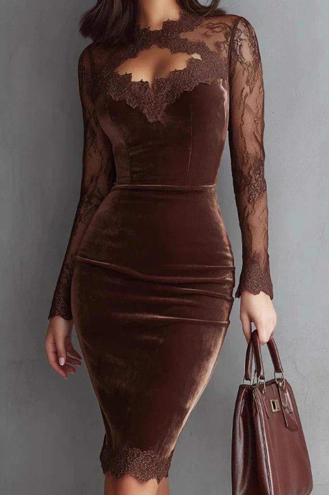 Lace Hollow Out See-Through Sleeve Slim High Waist Midi Dress