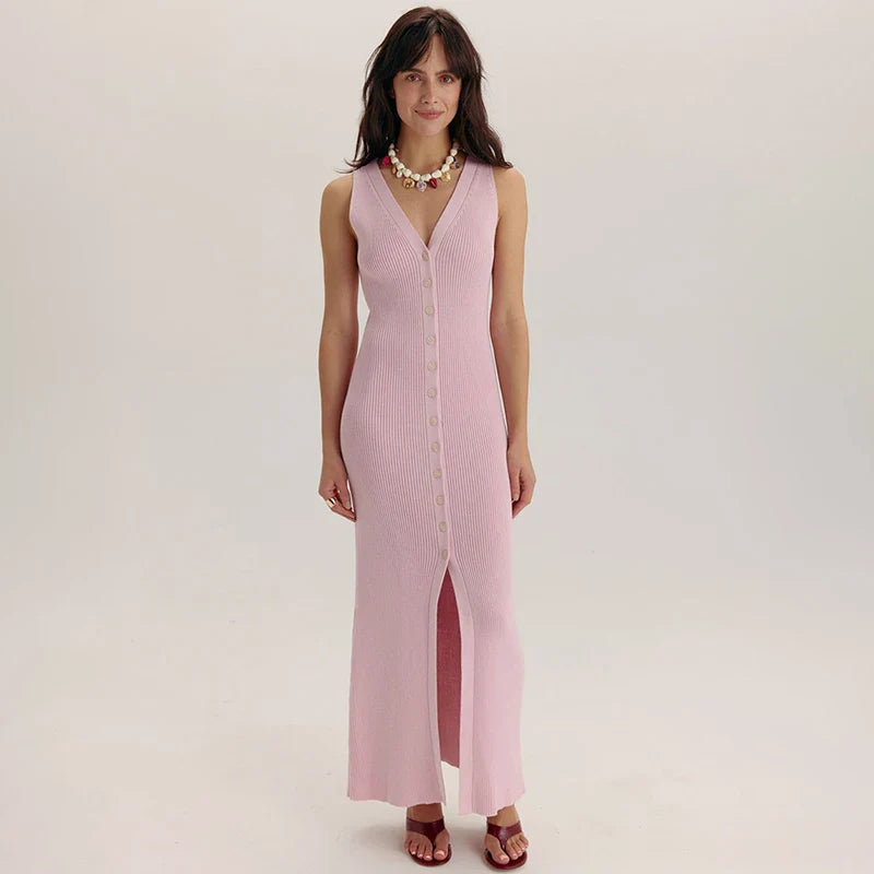 V-Neck Knitted Sleeveless Slim Maxi Dress