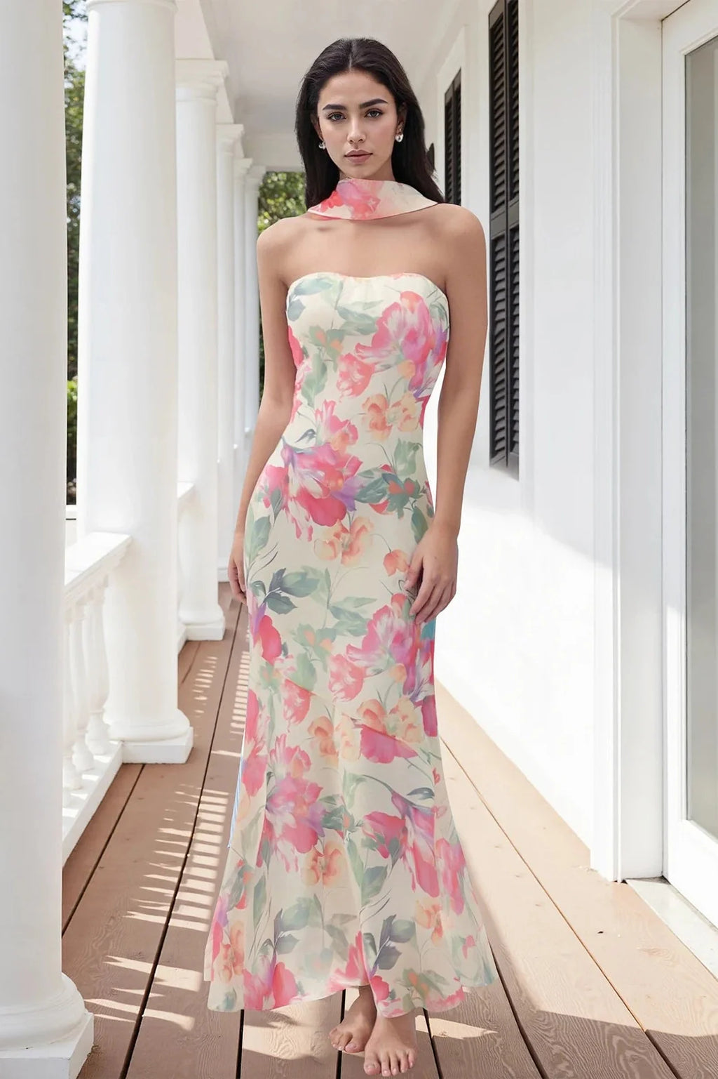 Printed Strapless Backless Bodycon Slim Maxi Dress