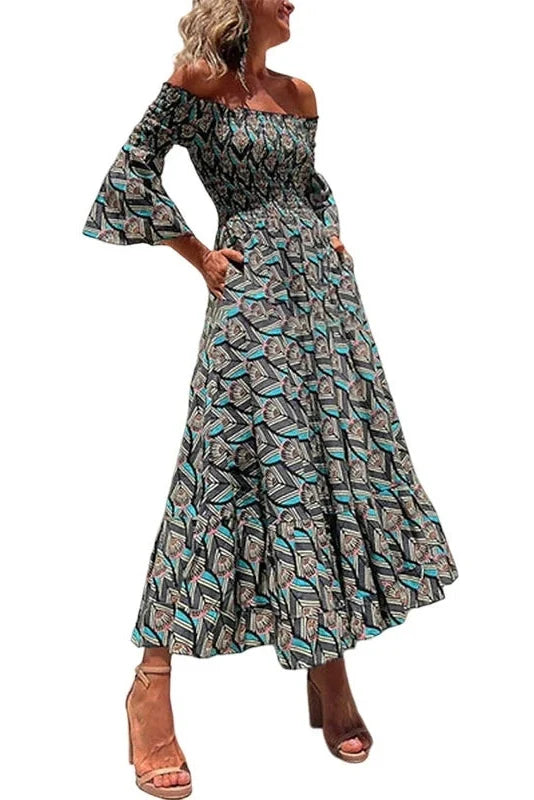 Printed Long Sleeve High Waist Pleated Midi Dress