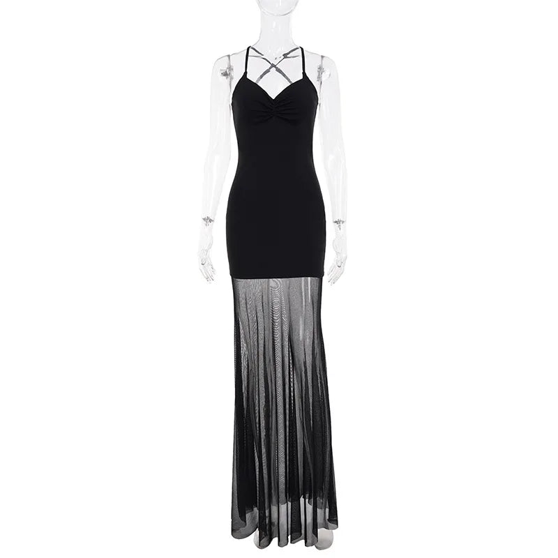 Elegant See Through Patchwork Backless Maxi Dress