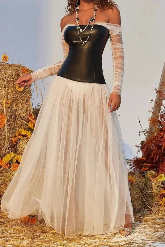 Off Shoulder Pleated High Waist PU Leather Maxi Dress