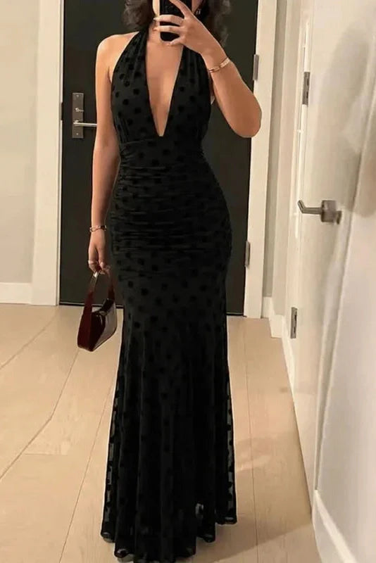Hollow Out Backless Sleeveless Slim Deep V-Neck Printed Maxi Dress
