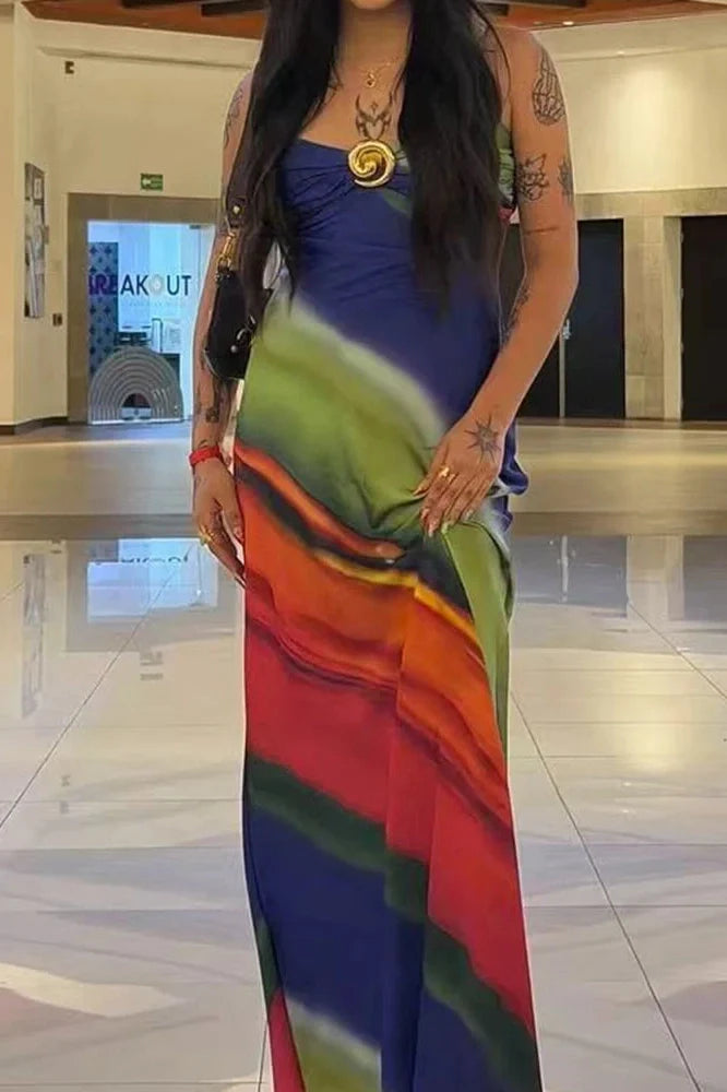 Elegant Printed Sleeveless Slim V-Neck Backless Maxi Dress