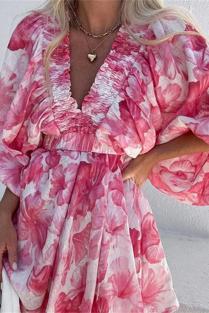 V-Neck Printed Short Sleeve Slim Lace-Up Mini Dress