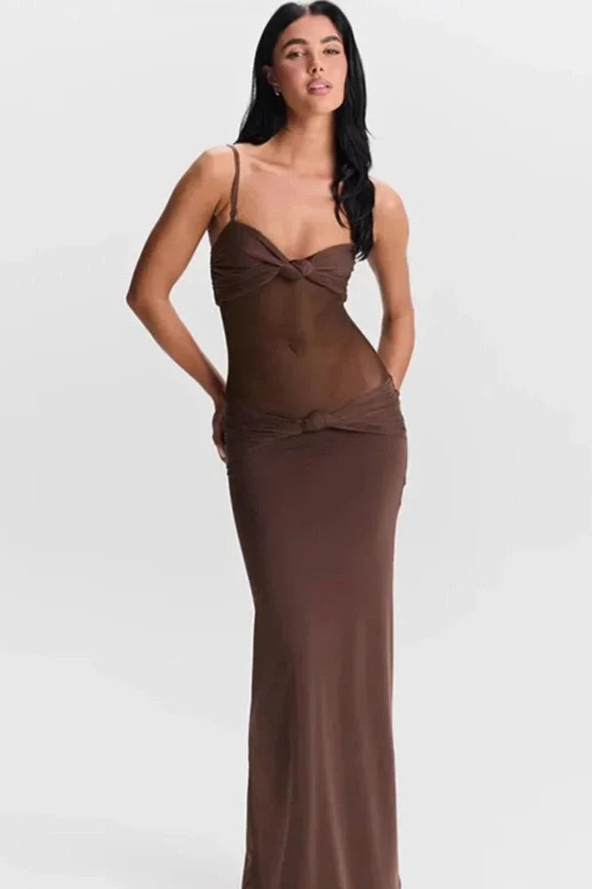 Elegant Spaghetti Strap Backless See-Through Maxi Dress
