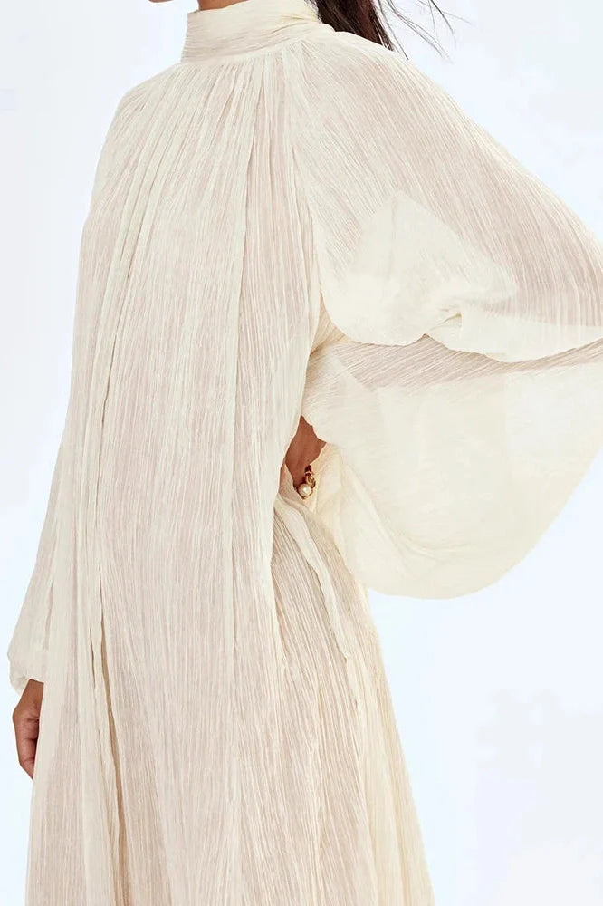 Elegant Pleated O-Neck Long Sleeve Loose Maxi Dress