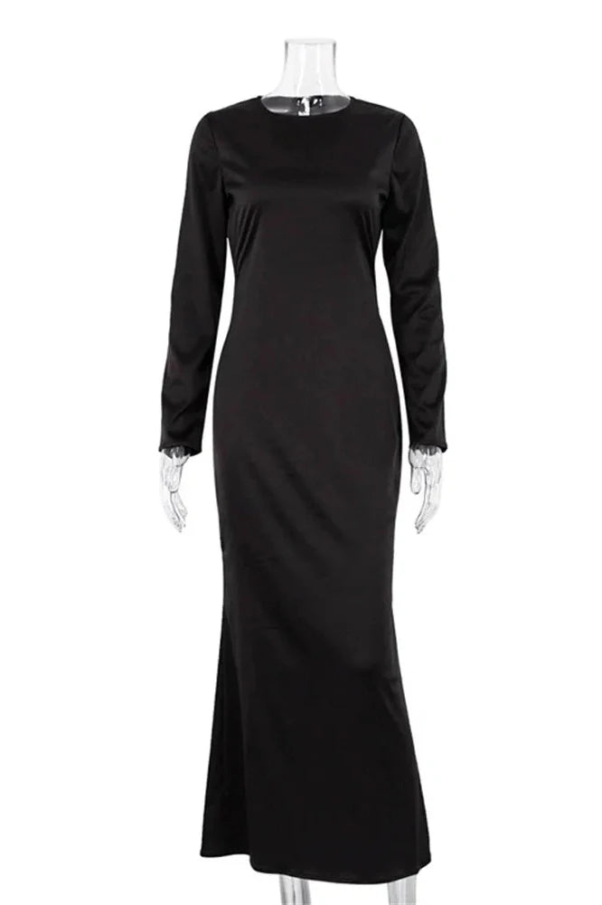 Hollow Out High Waist Slim Long Sleeve Zipper Maxi Dress