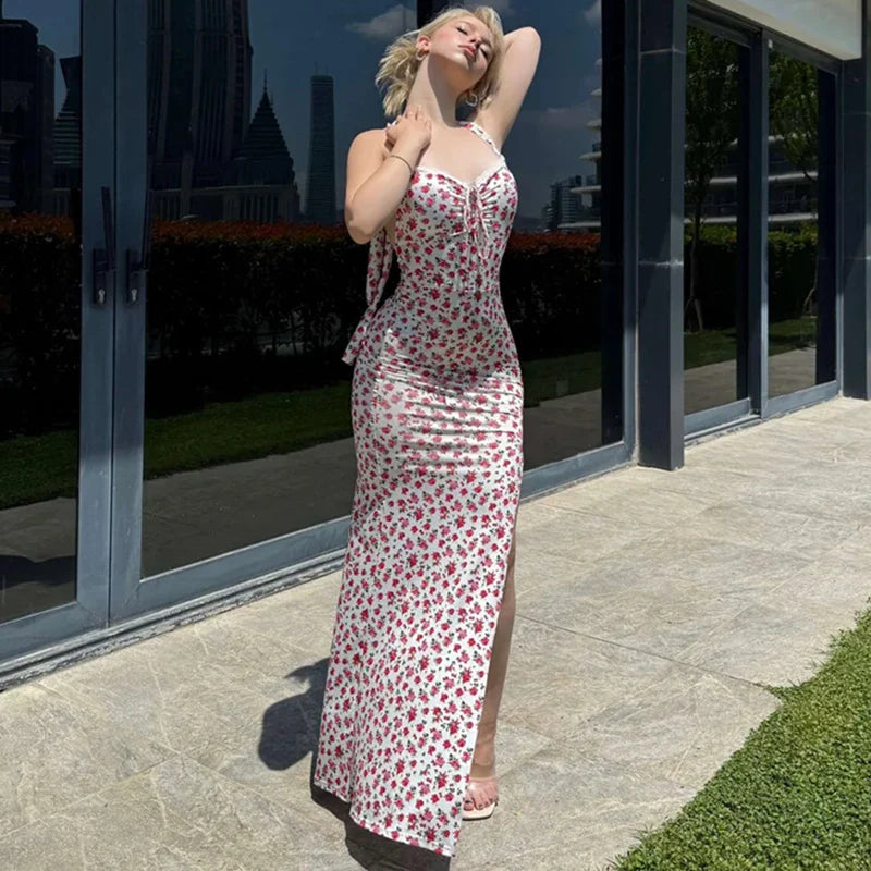 Printed Sleeveless Backless Slit Maxi Dress