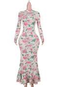 Bodycon Long Sleeve Print Zipper Maxi Dress