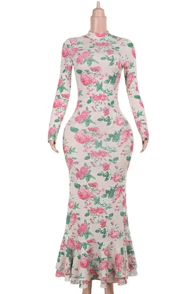 Bodycon Long Sleeve Print Zipper Maxi Dress