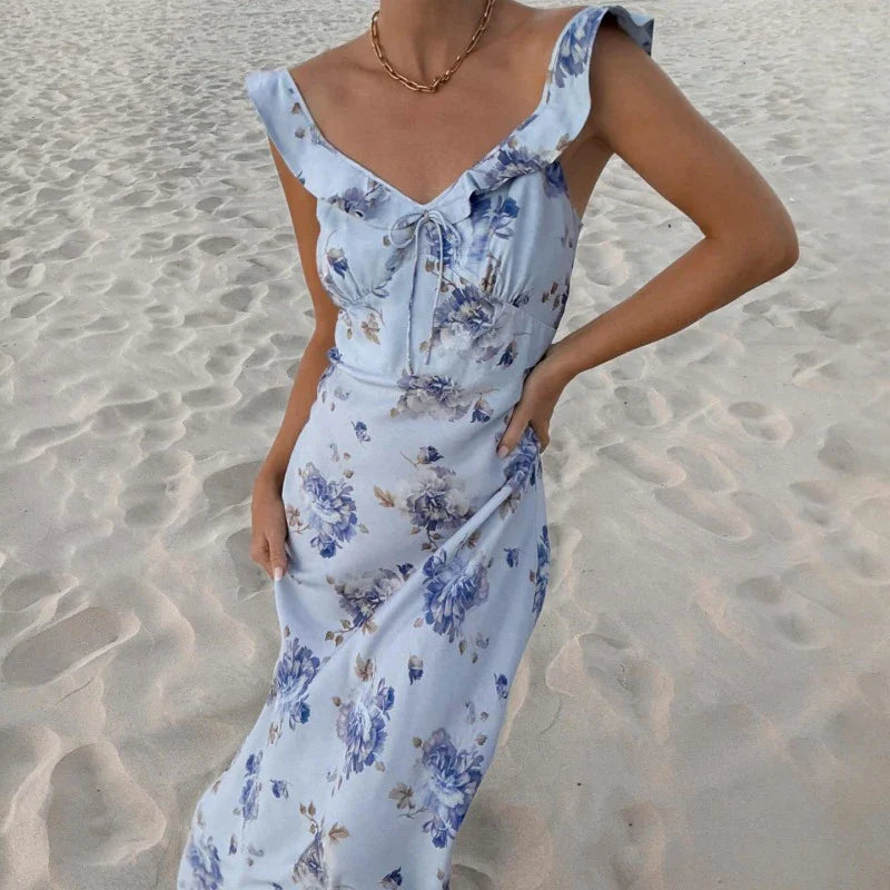 Printed V-Neck Sleeveless Slim Maxi Dress