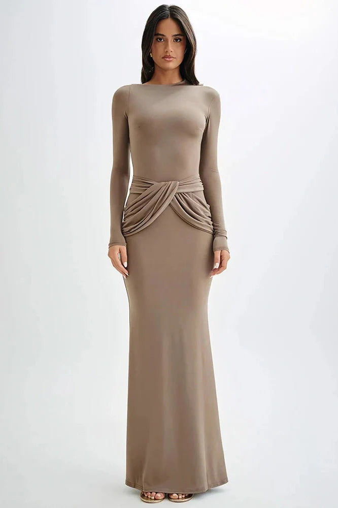 Diagonal Collar Long Sleeve High Waist Bodycon Maxi Dress