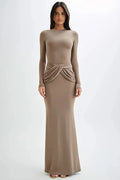 Diagonal Collar Long Sleeve High Waist Bodycon Maxi Dress