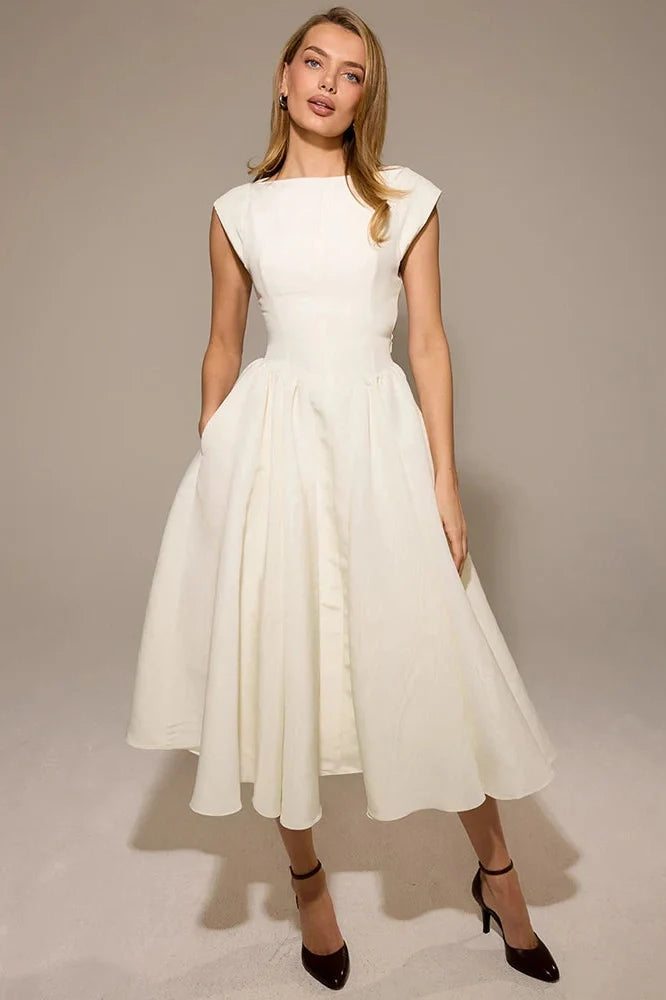 Hollow Out Backless Sleeveless High Waist Pleated A-line Midi Dress