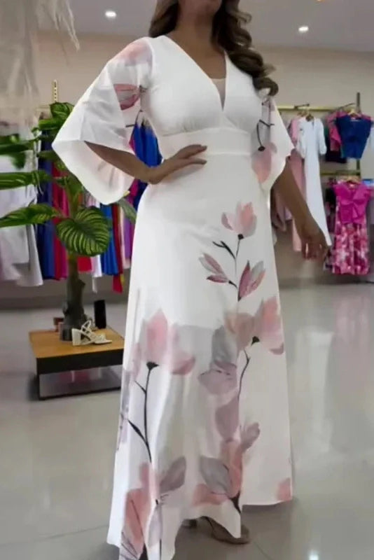 Elegant Half Sleeve Slim High Waist Pleated V-Neck Printed Maxi Dress