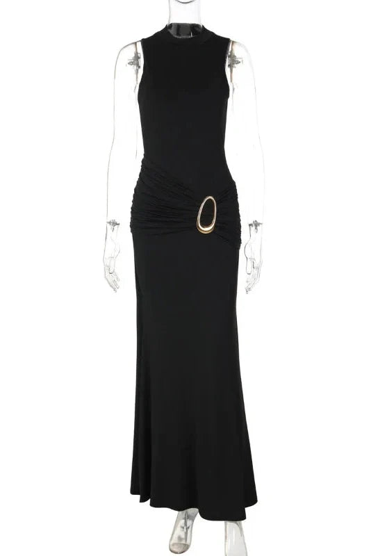 Elegant Backless Slim Sleeveless High Waist Round Neck Maxi Dress