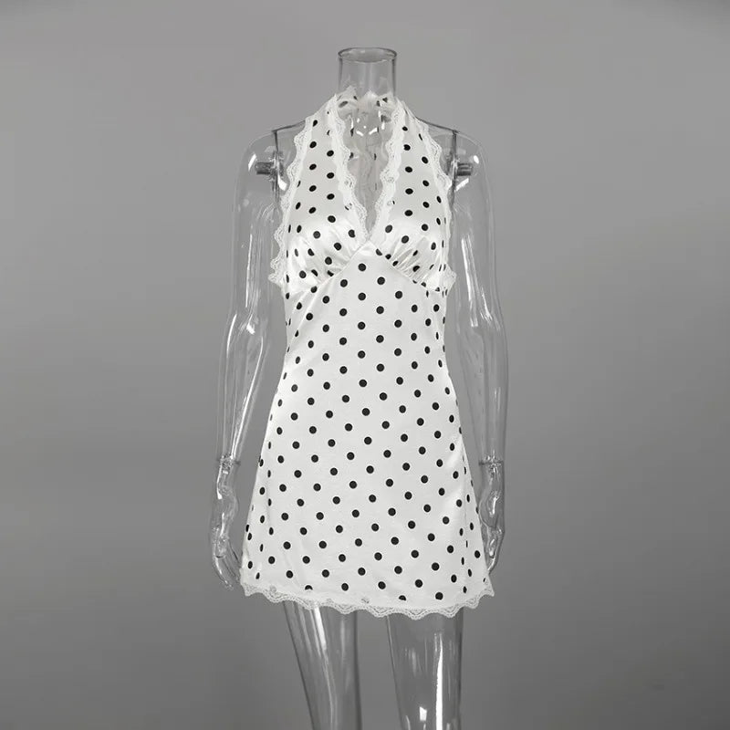 Lace-Up Polka Dot V-Neck Patchwork Backless Mini Dress