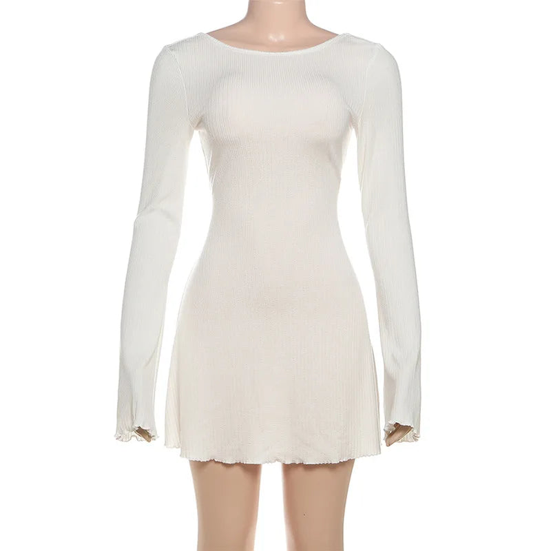 Backless Knitted Long-Sleeved Round Neck Mini Dress
