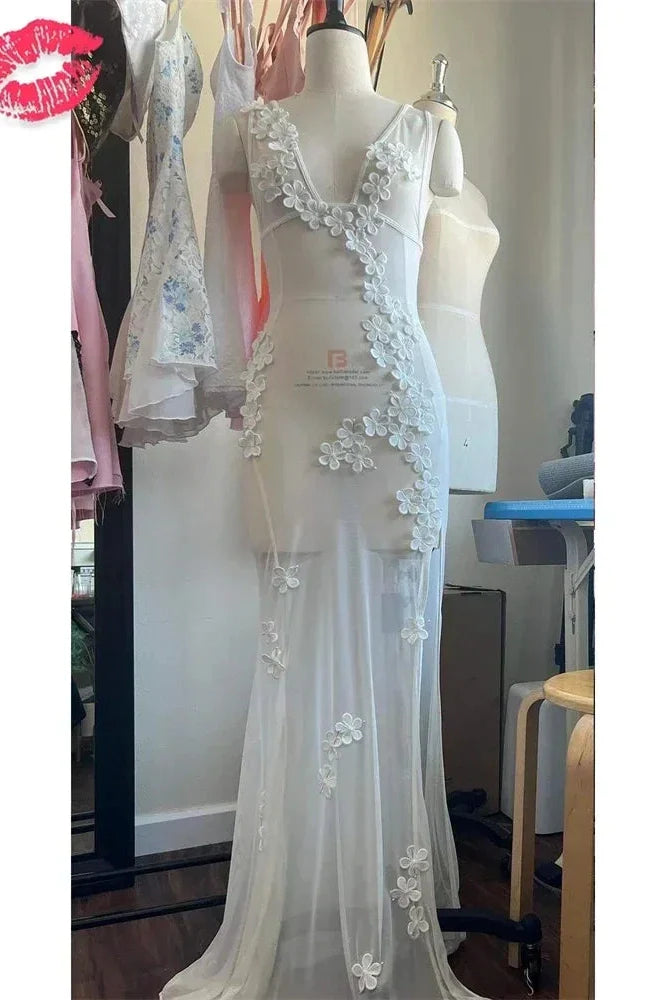 See-Through Slim High Split Backless V-Neck Maxi Dress
