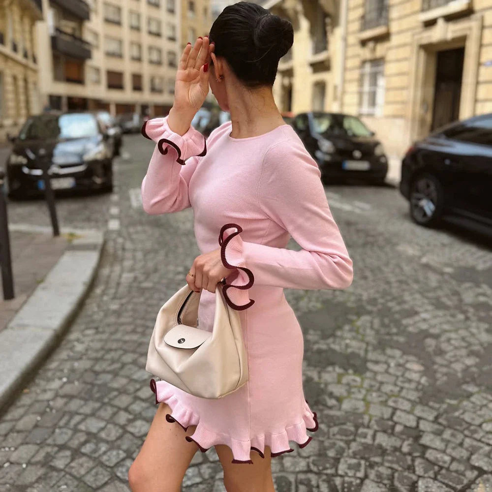 Knitted O-Neck Long Sleeve Slim Mini Dress
