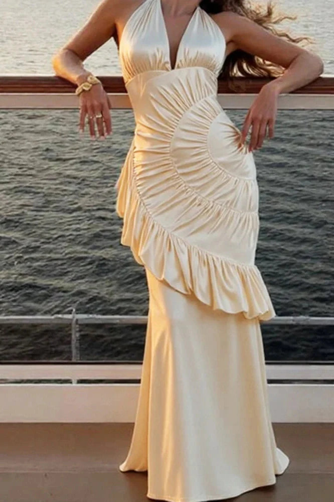 Elegant Backless Off-Shoulder Fit High Waist Pleated Irregular Maxi Dress