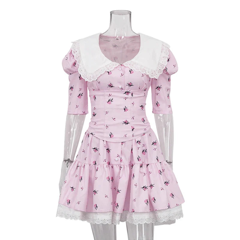Short Sleeve Lace High Waist Mini Dress