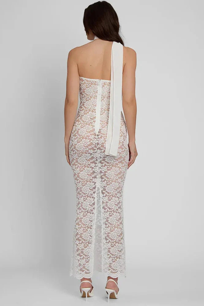 Lace See Through Off-shoulder Strapless Sleeveless Midi Dress