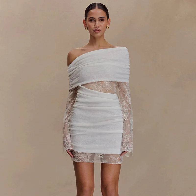 Lace Patchwork Slash Neck Off-Shoulder Mini Dress