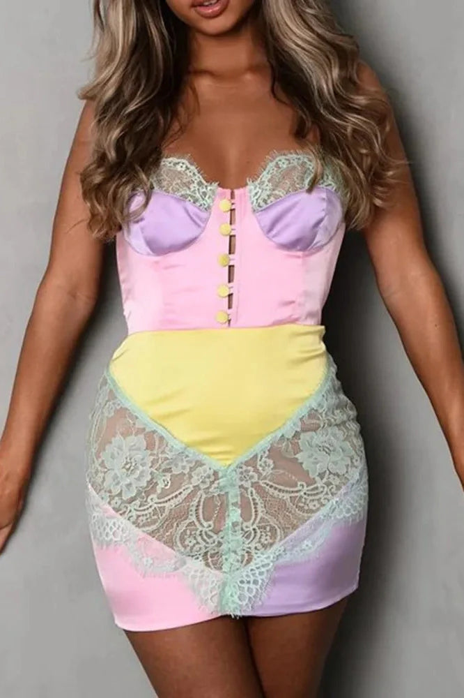 Patchwork Printed Lace Sleeveless Backless Bodycon Mini Dress