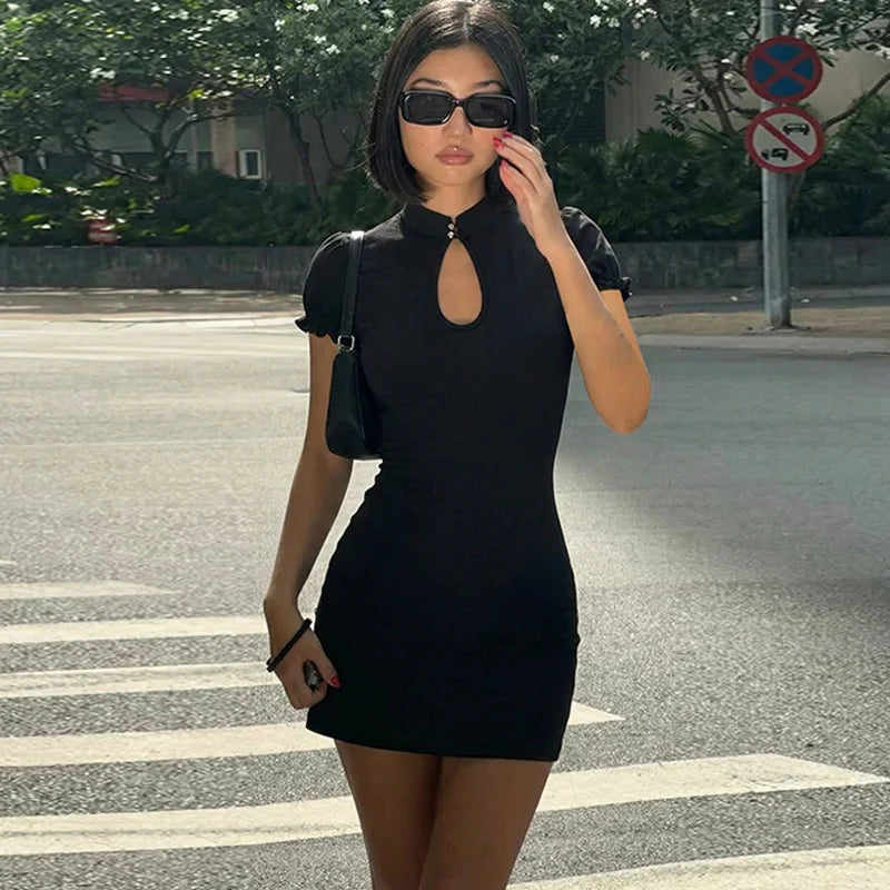 Hollow Out Patchwork Short Sleeve Mini Dress