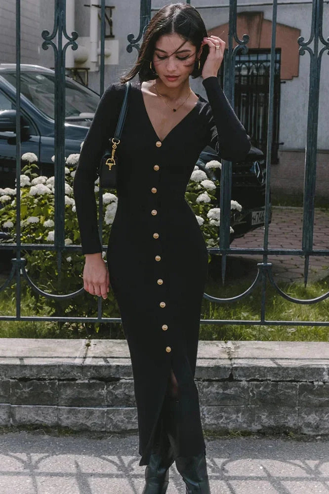 Elegant Long Sleeve Knitted Slim Midi Dress