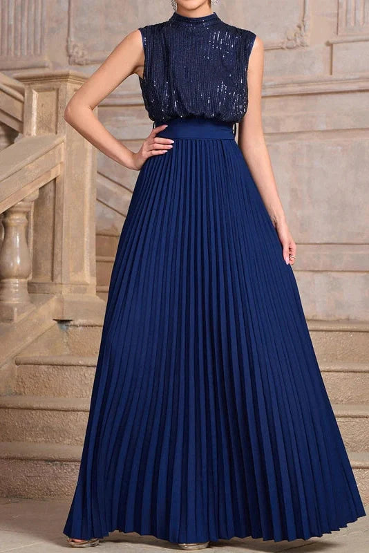 Sleeveless Pleated High Waist O-Neck Maxi Dress
