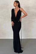 Elegant V Neck One Sleeve Lace-up Backless Maxi Dress