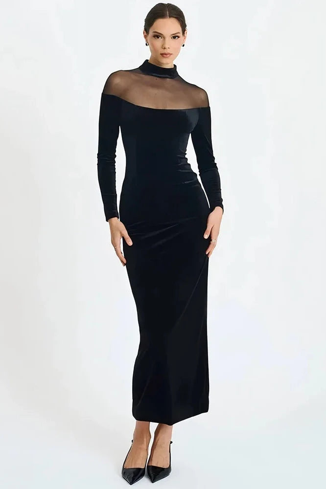 Off-Shoulder Long Sleeve High Collar Backless Bodycon Maxi Dress