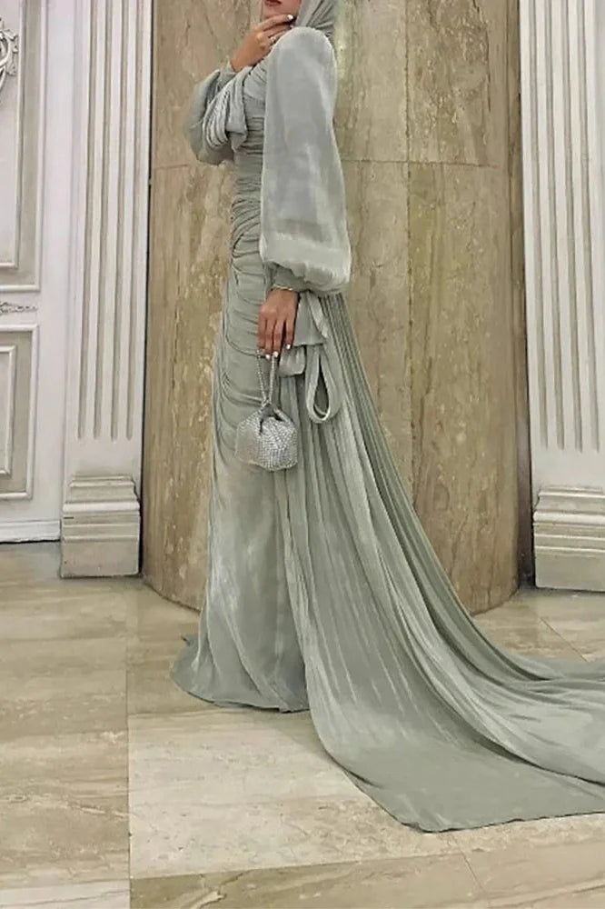 Elegant Long Sleeve High Waist Pleated Slim Maxi Dress