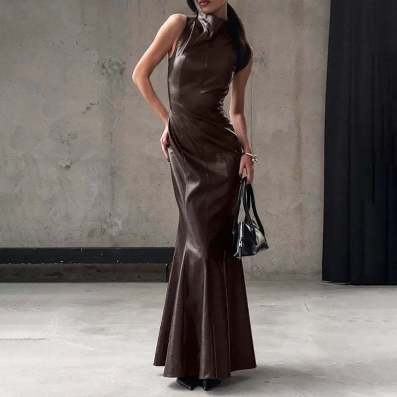 PU Leather Patchwork High Waist Sleeveless Maxi Dress