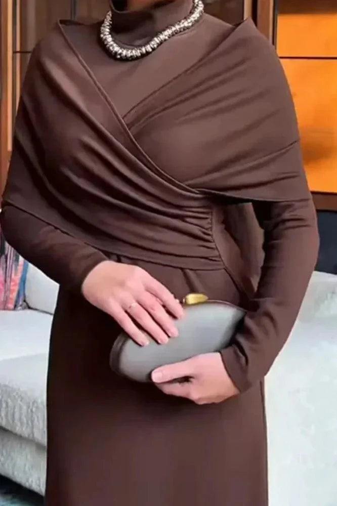 Elegant High Waist Long Sleeve Slim Pleated Irregular Maxi Dress