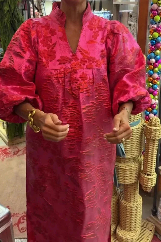 Elegant Loose Split Pleated A-Line V-Neck Long Sleeve Maxi Dress