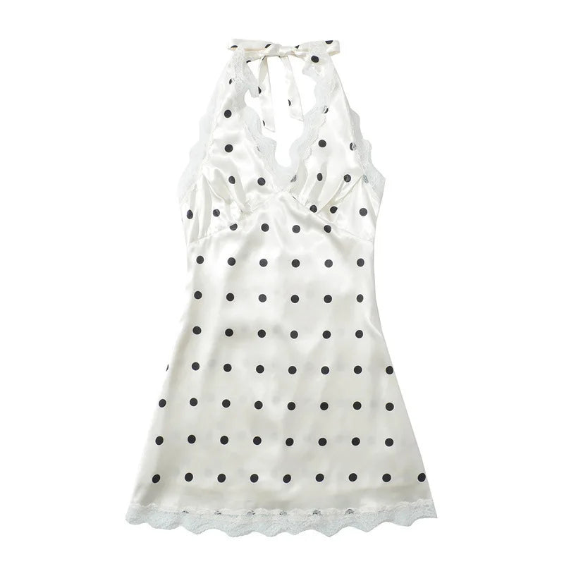 Polka Dot Lace Sleeveless Backless Mini Dress