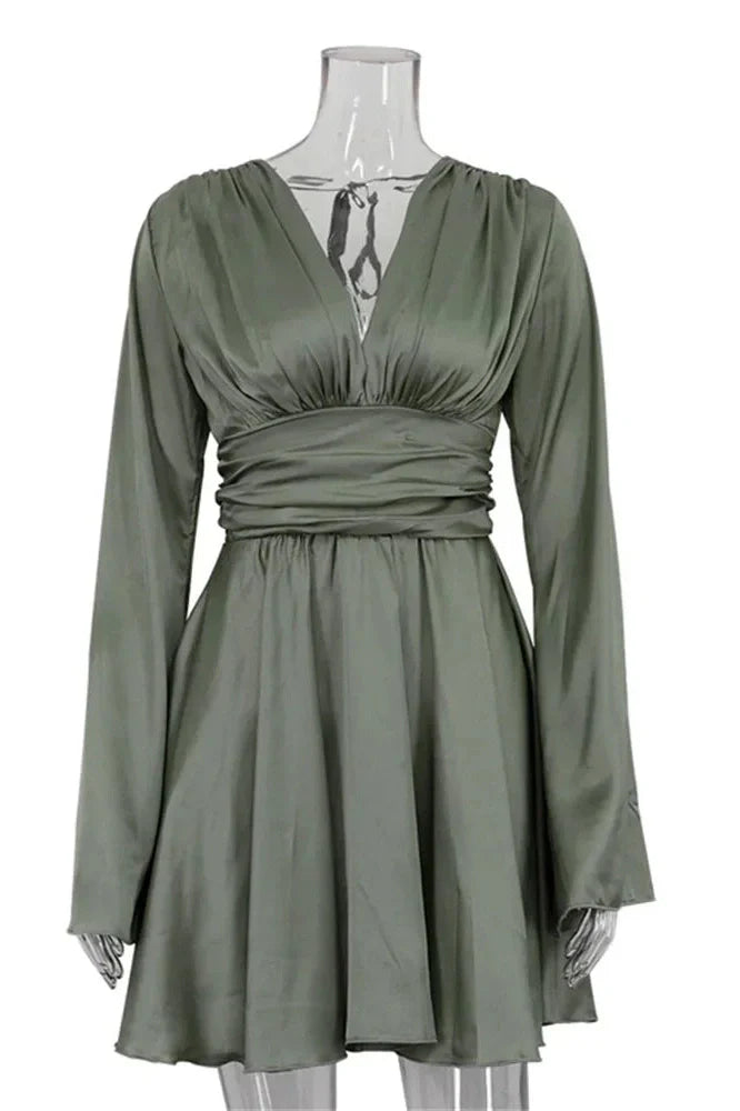 V-Neck Backless Lace-Up Long Sleeve Mini Dress