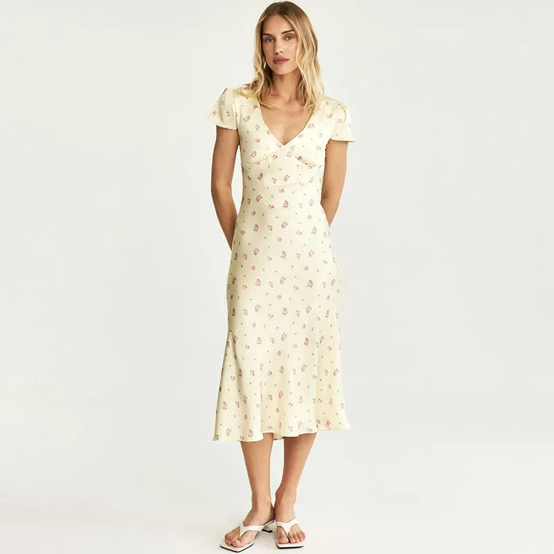 V-Neck Short Sleeve Printed Slim Maxi Dress