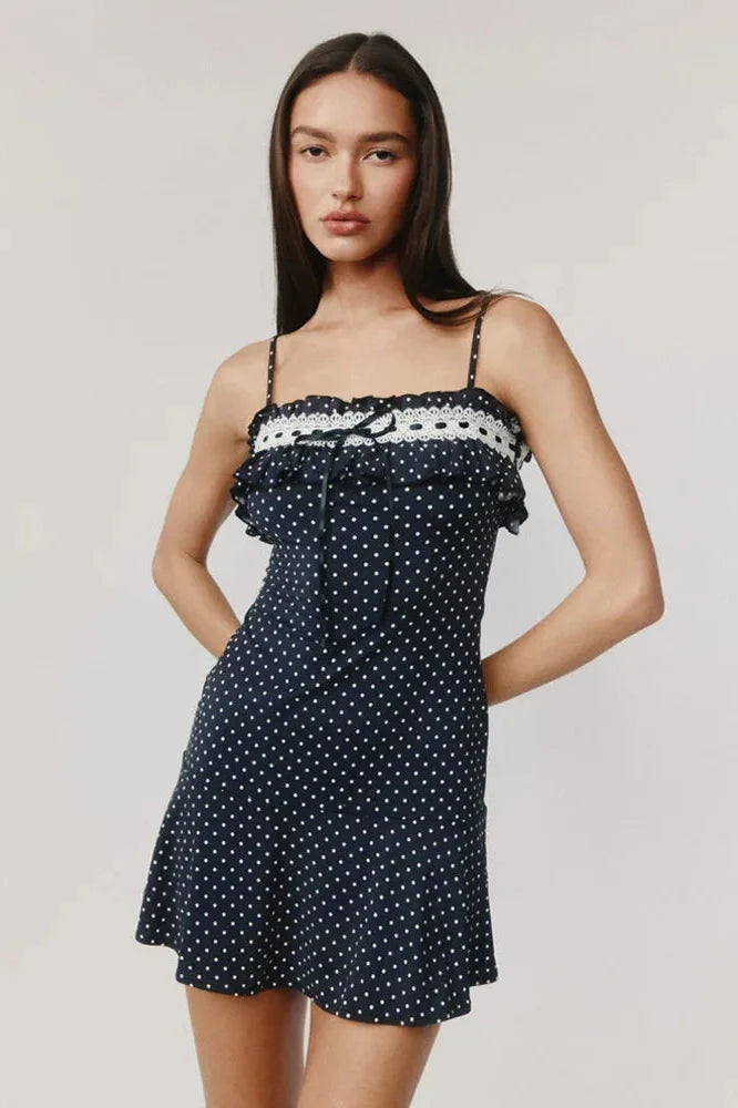 Spaghetti Strap Polka Dot Off-Shoulder Sleeveless Backless Mini Dress