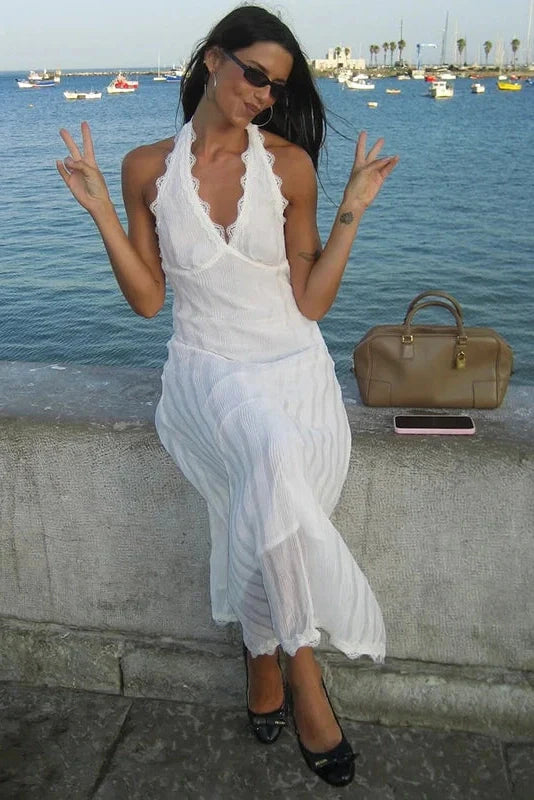 Deep V-Neck Lace Sleeveless Backless Midi Dress