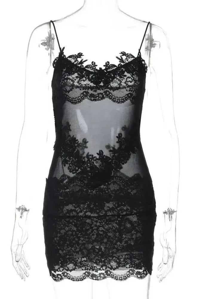 Spaghetti Strap Lace See Through Sleeveless Backless Mini Dress