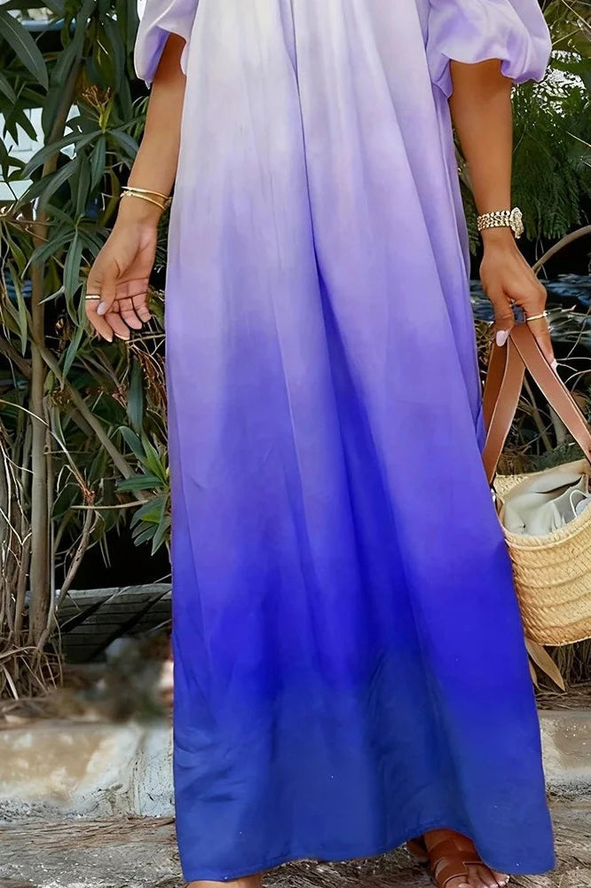 Off-Shoulder Pleated Loose Slash Collar Printed Maxi Dress