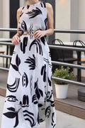 O-Neck Sleeveless Pleated High Waist Printed Maxi Dress