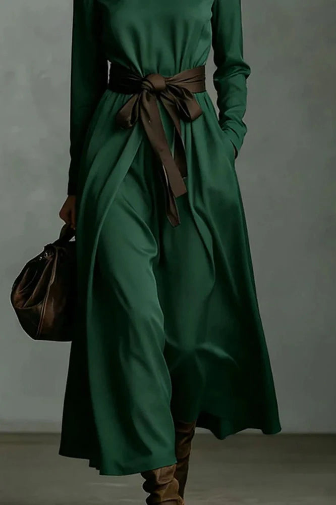 Elegant Lace Up Pleated Turtleneck Long Sleeve Maxi Dress
